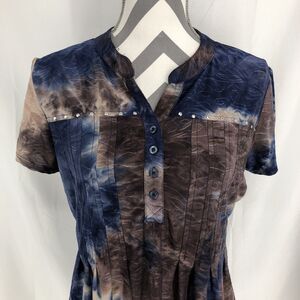 Sienna Grace Blue Brown Marble Tie Dye Boho Hippie 1/4 Button Blouse Large